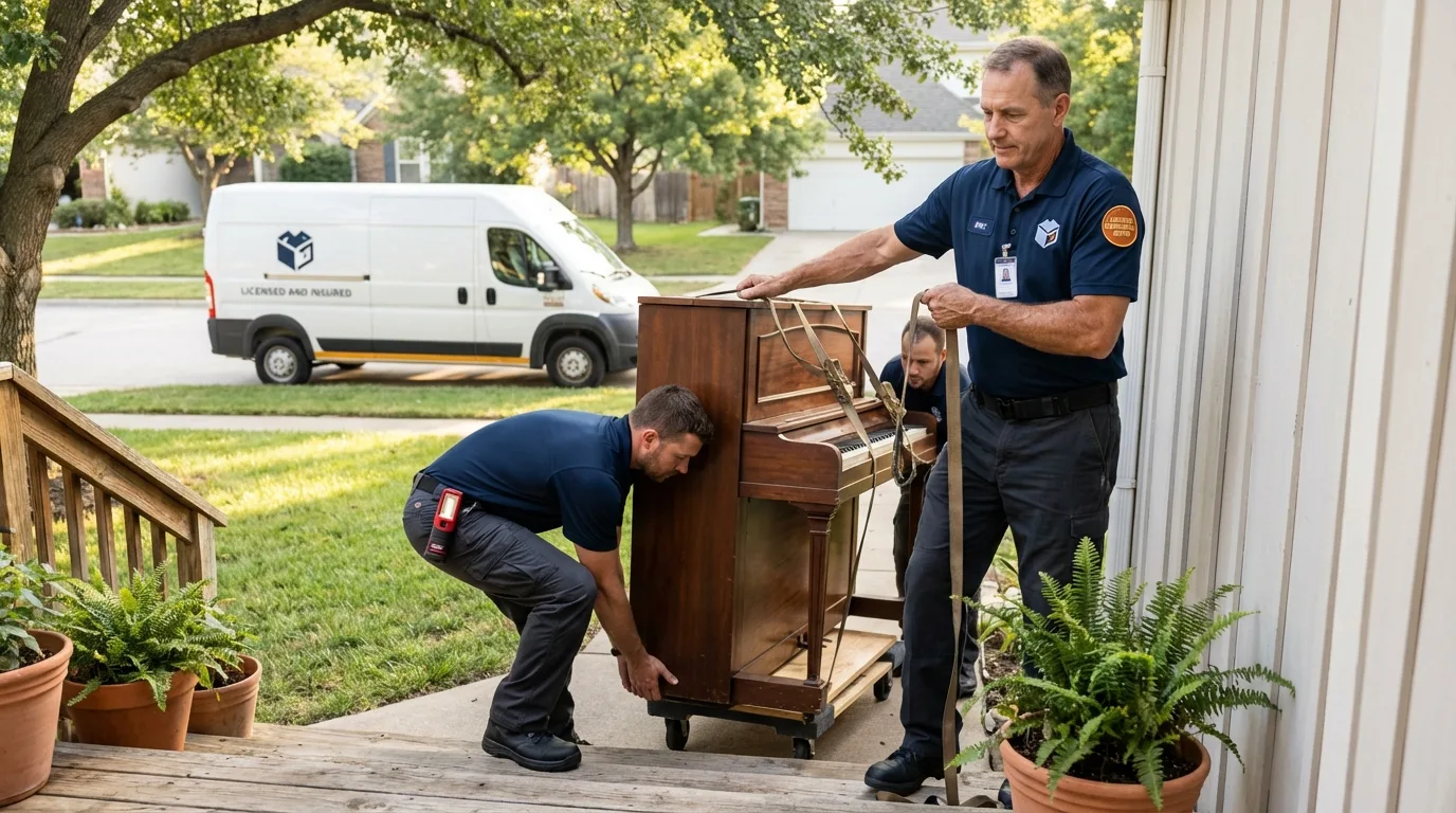 Licensed piano movers securing grand piano in Saint Clair, MO