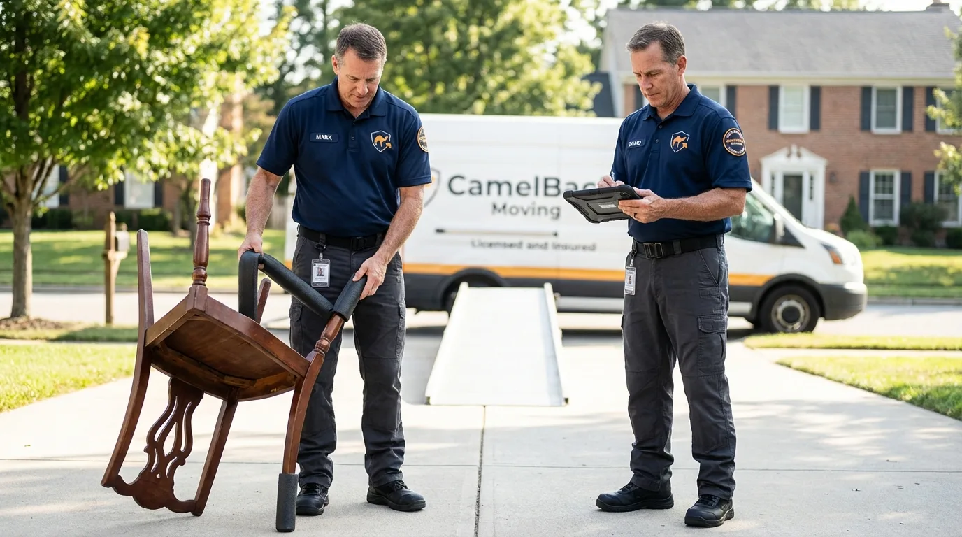 Movers inspecting furniture for damage prevention before loading in Saint Clair, MO