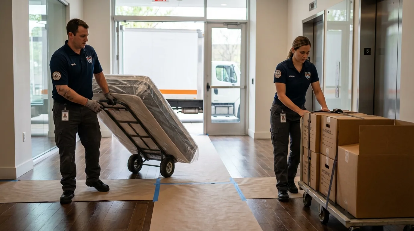 Professional apartment movers loading elevator in Saint Clair, MO